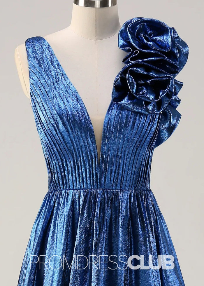 Riva |Long Royal Blue Metallic Prom Dresses Websites With Deep V - neck A - Line 3D Flowers - Price #price_variant_lowest# - Royal Blue - PromDressClub