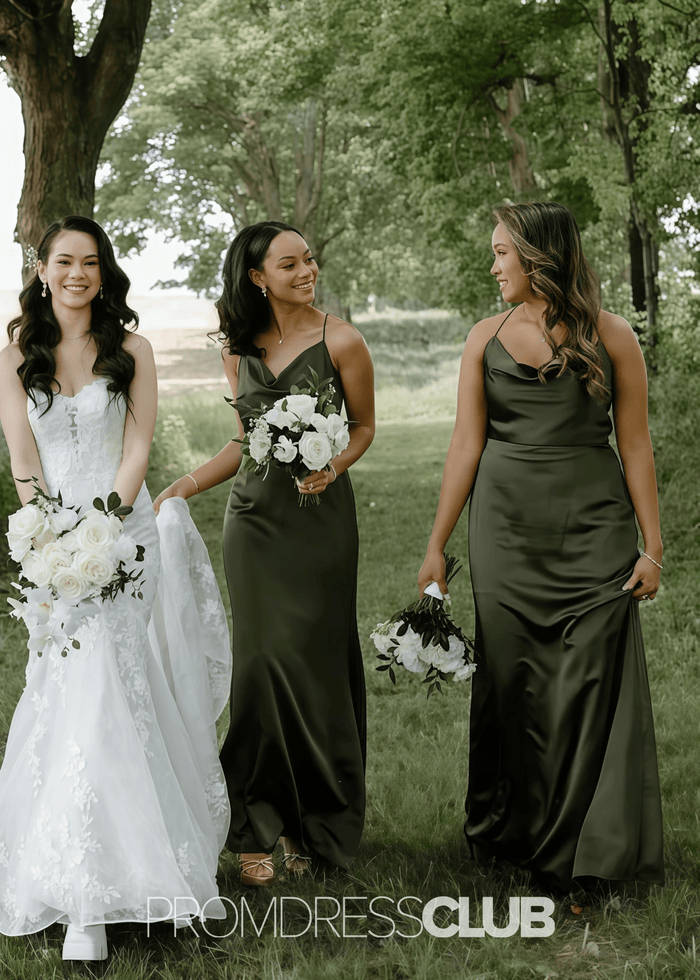 Riva | Mermaid Pleated Olive Green Satin Long Bridesmaid Dress - Price #price_variant_lowest# - Olive Green - PromDressClub