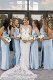 Roberta | Sheath Column Pleats Bow and Slit Light Blue Satin Long Bridesmaid Dress - Light Blue - PROMDRESS Club