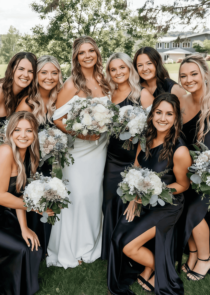 Rosalind | Sheath Column Pleats and Slit Black Satin Long Bridesmaid Dress - Price #price_variant_lowest# - Black - PromDressClub