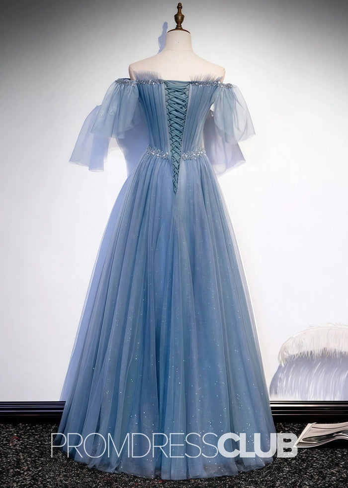 Sabina |Long Light Blue Prom Dresses Stores With Sweetheart - Neck Tulle Flare Sleeves Beaded Sequin - Price #price_variant_lowest# - Light Blue - PromDressClub