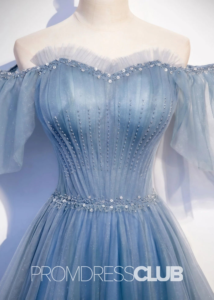 Sabina |Long Light Blue Prom Dresses Stores With Sweetheart - Neck Tulle Flare Sleeves Beaded Sequin - Price #price_variant_lowest# - Light Blue - PromDressClub