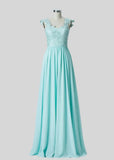 Sabrina | A Line Lace Embroidered Pleated Aqua Blue Tulle Long Bridesmaid Dress - Aqua - PROMDRESS Club