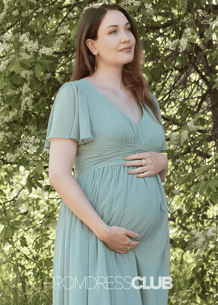 Salome | A Line Maternity Plus Size Sage Green Chiffon Long Bridesmaid Dress - Price #price_variant_lowest# - Sage - PromDressClub
