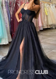 Samantha |Black Long Prom Dresses Stores With A - line Spaghetti Straps Glitter Tulle - Black - PromDressClub