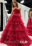 Sandra |Burgundy Long Prom Dresses With A - Line Strapless Tiered Tulle Ruffles - Burgundy - PromDressClub