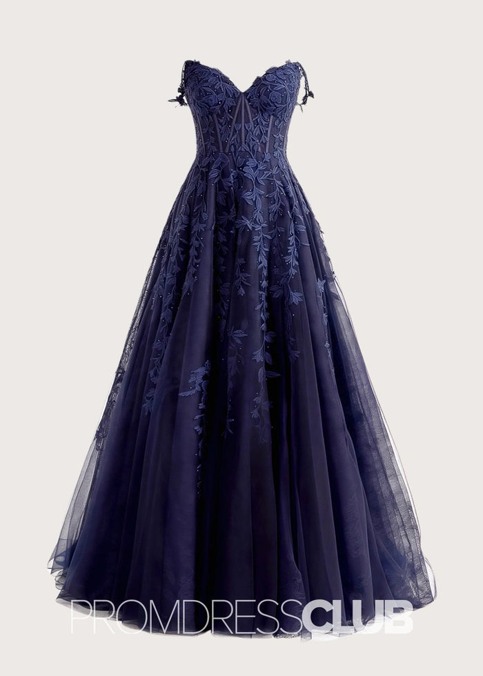 Sara |Navy Blue Long Prom Dresses With A - line Sweetheart Lace Tulle Slit - Price #price_variant_lowest# - Navy Blue - PromDressClub