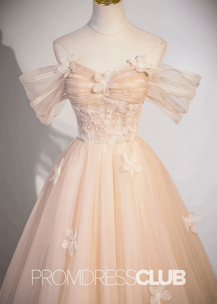 Sarah |Champagne Long Formal Dresses With A Line Off Shoulder Cute Flowers Tulle - Price #price_variant_lowest# - Champagne - PromDressClub
