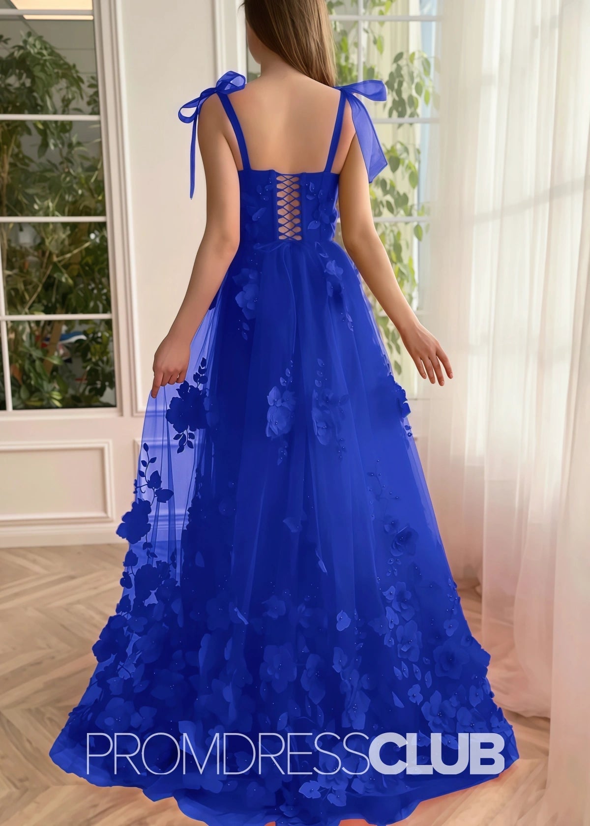 Selena |Red Long Prom Dresses With Scarlet Lace A - line 3D Flower Slit - Royal Blue - PromDressClub