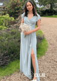 Selena | Sheath Column Surplice Slit Dusty Blue Chiffon Maxi Bridesmaid Dress - Dusty Blue - PROMDRESS Club