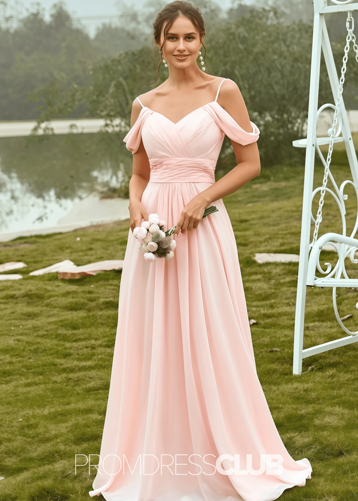 Setlla | A Line Corset Light Pink Chiffon Maxi Bridesmaid Dress - Light Pink - PROMDRESS Club