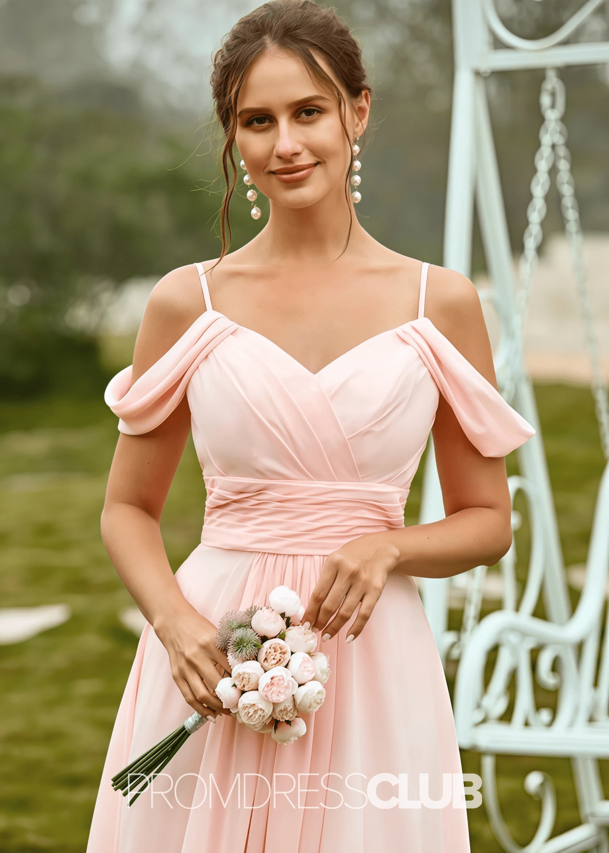 Setlla | A Line Corset Light Pink Chiffon Maxi Bridesmaid Dress - Light Pink - PROMDRESS Club