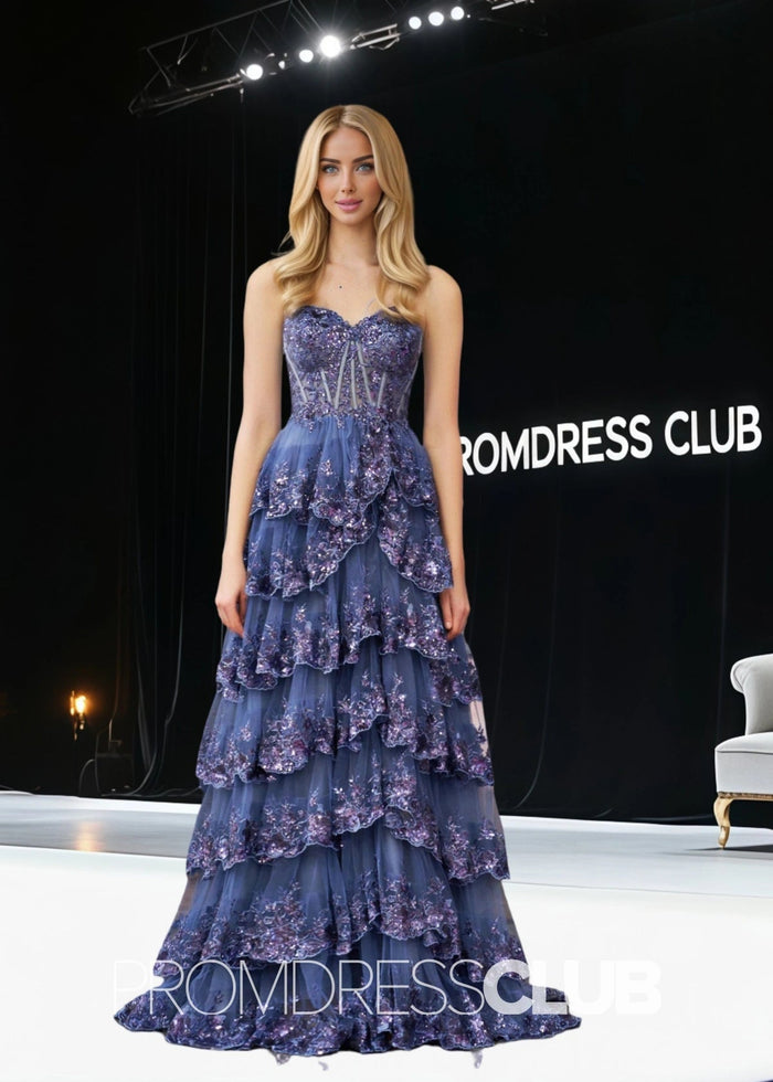 Setlla |Navy A Line Prom Dresses Long Princess With Spaghetti Straps Corset Lace Ruffles - Price #price_variant_lowest# - Navy Blue - PromDressClub