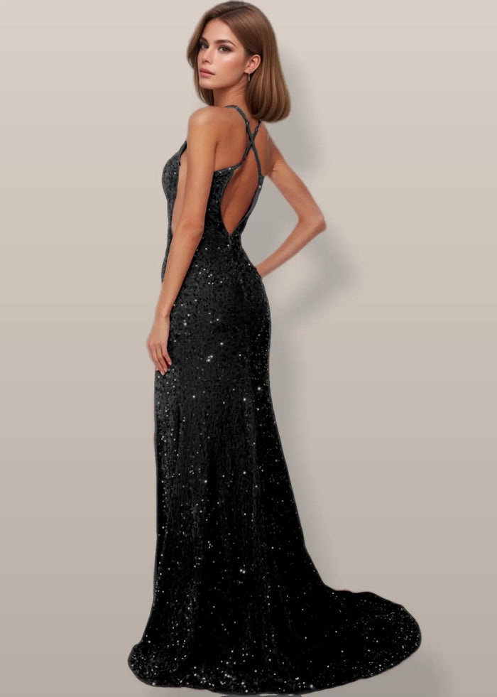 Josephine | Sparkly Burgundy and Gold Sequin Mermaid V Neck Prom Dress with Slit - Black - PromDressClub