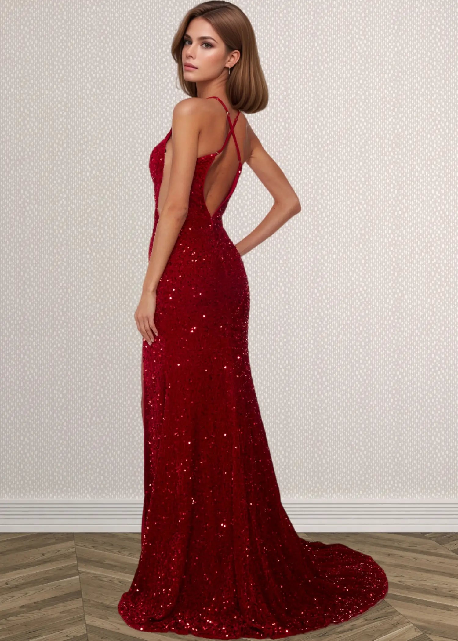 Josephine |Sheath/Column Sweetheart Plunging Neckline Plush Sequins Keyhole Back Front Slit Burgundy Long Prom Dress With Train - Burgundy - US0 - PromDressClub