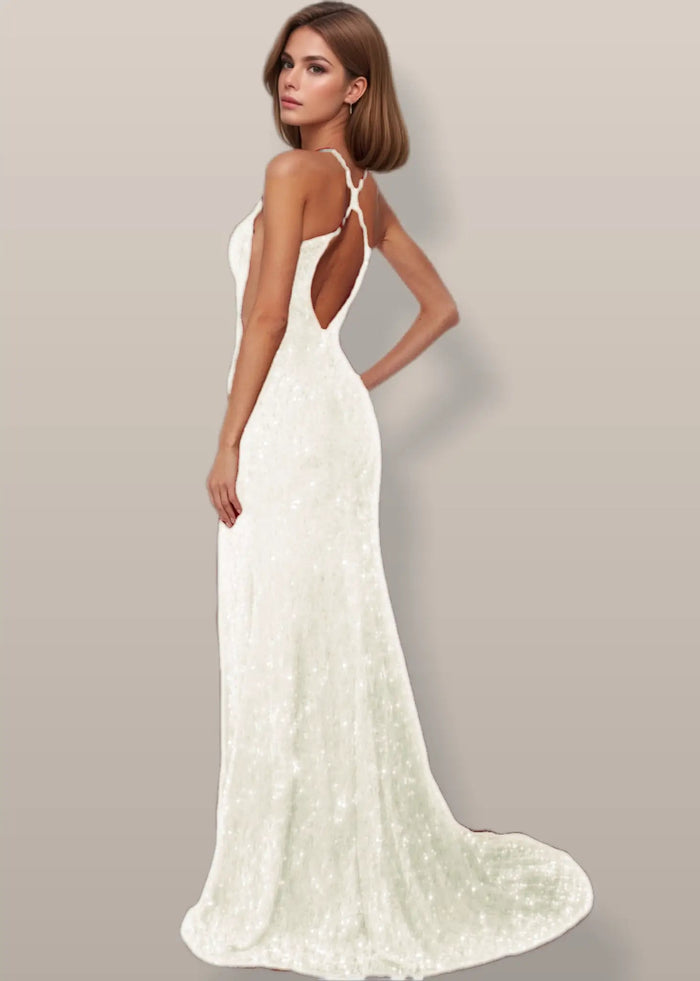 Josephine | Sparkly Burgundy and Gold Sequin Mermaid V Neck Prom Dress with Slit - Ivory - PromDressClub