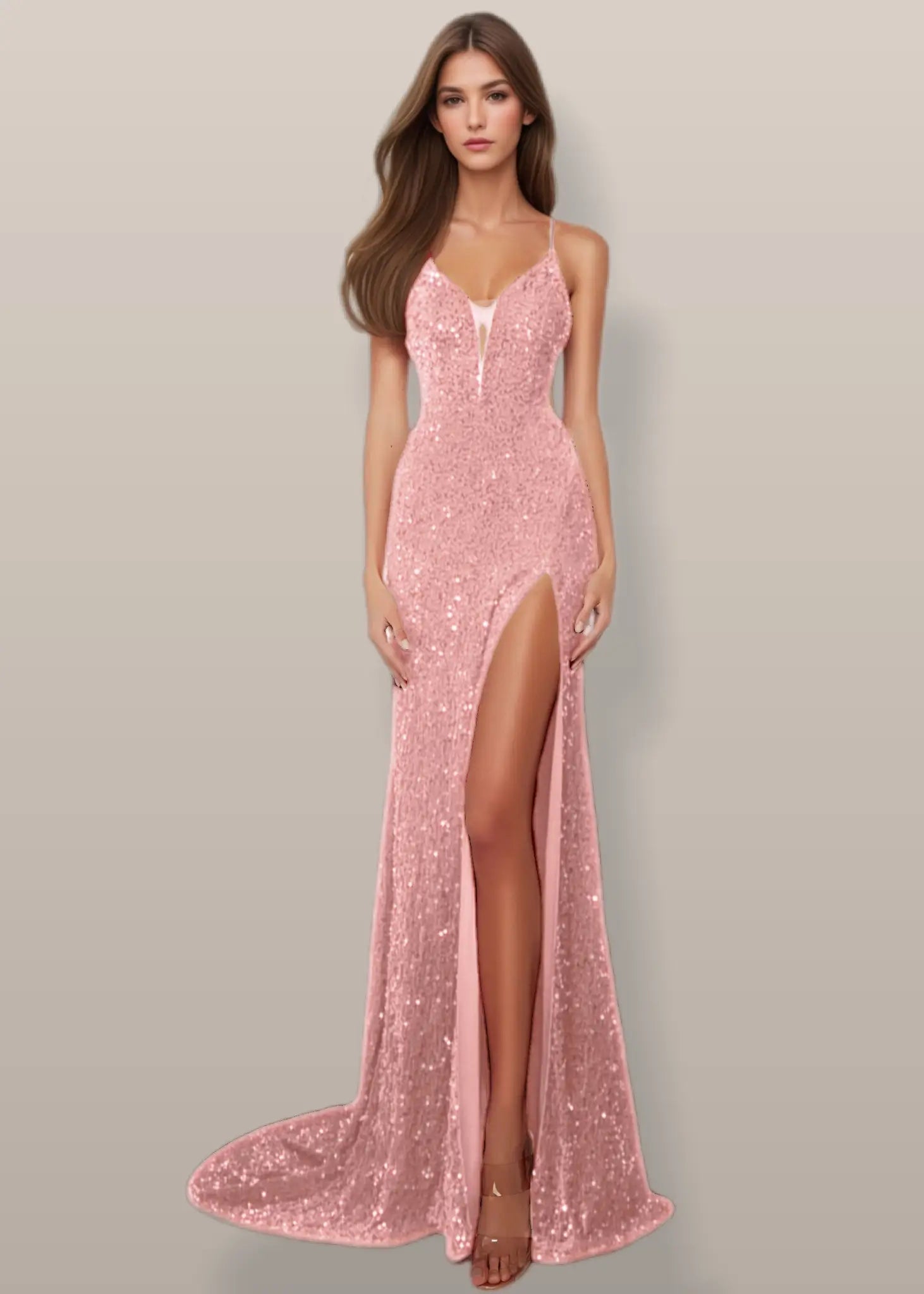 Josephine |Sheath/Column Sweetheart Plunging Neckline Plush Sequins Keyhole Back Front Slit Burgundy Long Prom Dress With Train - Pink - US0 - PromDressClub