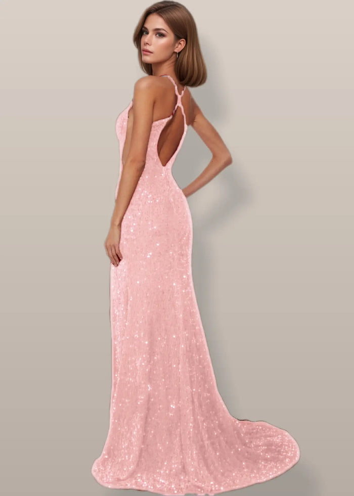 Josephine | Sparkly Burgundy and Gold Sequin Mermaid V Neck Prom Dress with Slit - Light Pink - PromDressClub