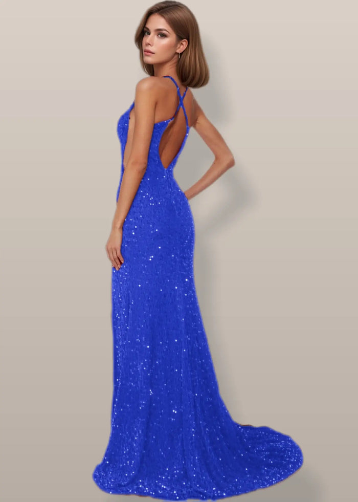 Josephine | Sparkly Burgundy and Gold Sequin Mermaid V Neck Prom Dress with Slit - Royal Blue - PromDressClub