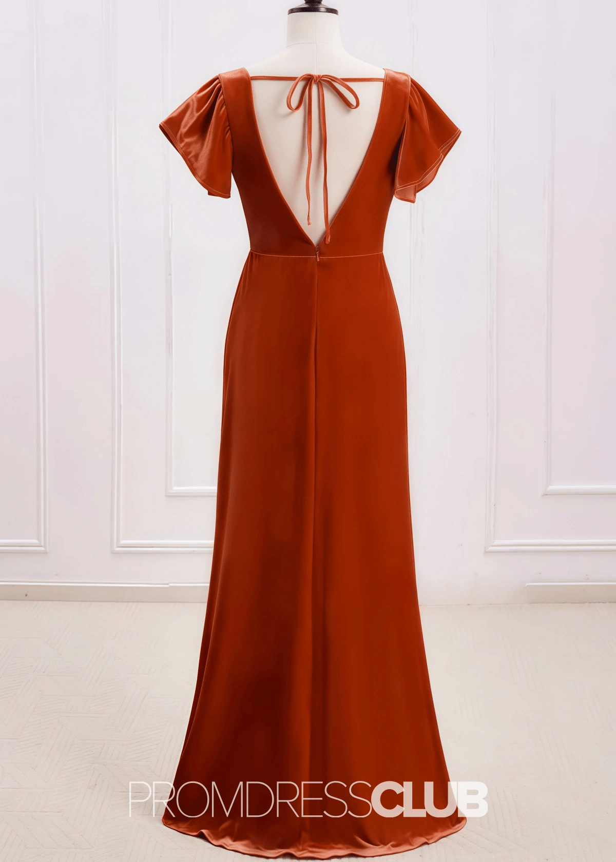 Sheila | A Line Surplice Backless Rust Orange Velvet Maxi Bridesmaid Dress - Bronzer - PROMDRESS Club