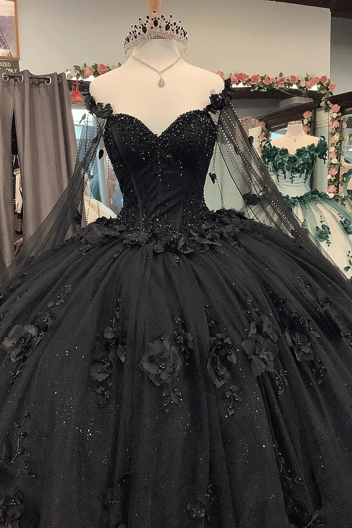 Sheila |Off the Shoulder Ball Gown Black Quince Dresses with Flowers Beaded - Black - PromDressClub