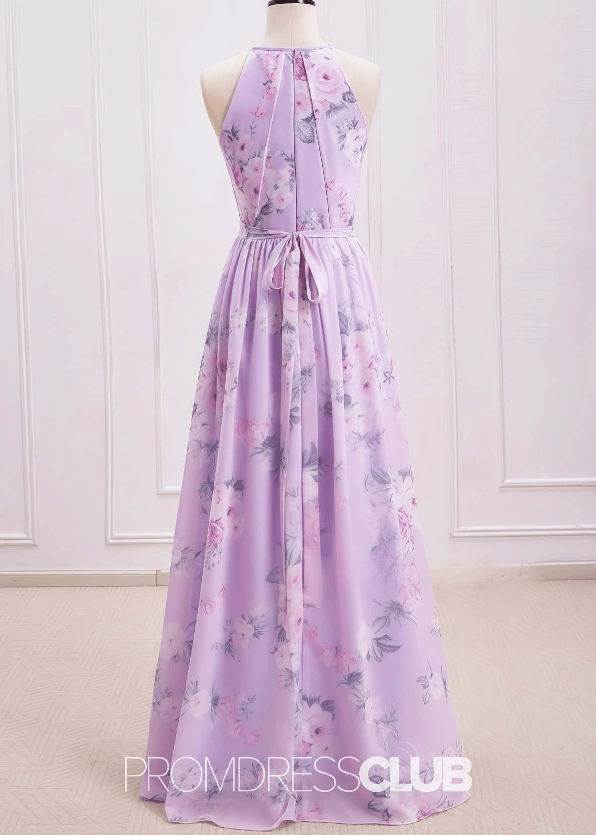 Sherry | A Line Lavender Floral Print Chiffon Maxi Bridesmaid Dress - Lavender Floral - PROMDRESS Club