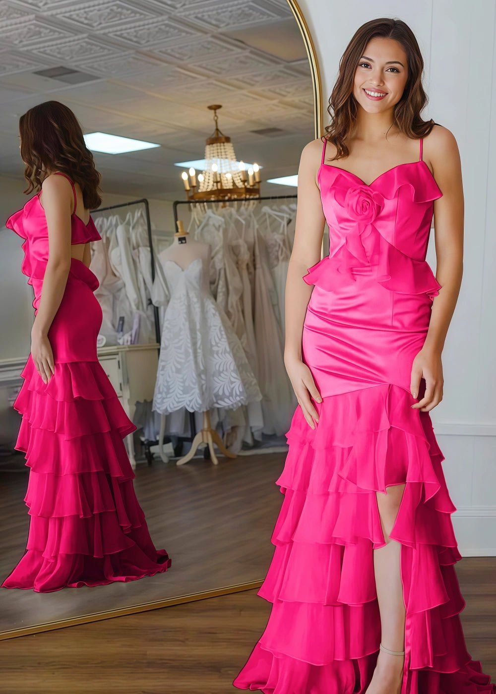 Shine Bright Yellow Flower Ruffle Chiffon Prom Dress with Slit – Unforgettable Prom Nights - Fuchsia - PromDressClub