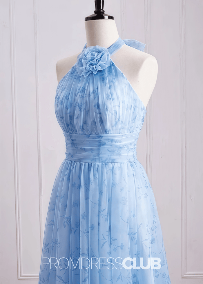 Shirley | A Line 3D Flower Light Blue Floral Print Tulle Long Bridesmaid Dress - Price #price_variant_lowest# - Light Blue Floral - PromDressClub