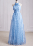 Shirley | A Line 3D Flower Light Blue Floral Print Tulle Long Bridesmaid Dress - Light Blue Floral - PROMDRESS Club