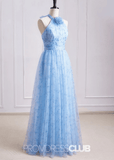 Shirley | A Line 3D Flower Light Blue Floral Print Tulle Long Bridesmaid Dress - Light Blue Floral - PROMDRESS Club