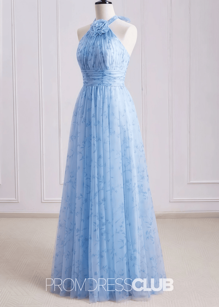 Shirley | A Line 3D Flower Light Blue Floral Print Tulle Long Bridesmaid Dress - Price #price_variant_lowest# - Light Blue Floral - PromDressClub