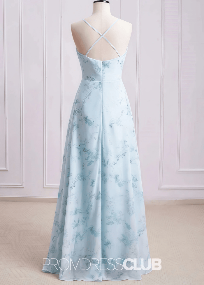 Sibyl | A Line Light Green Floral Print Chiffon Long Bridesmaid Dress - Price #price_variant_lowest# - Light Green Floral - PromDressClub