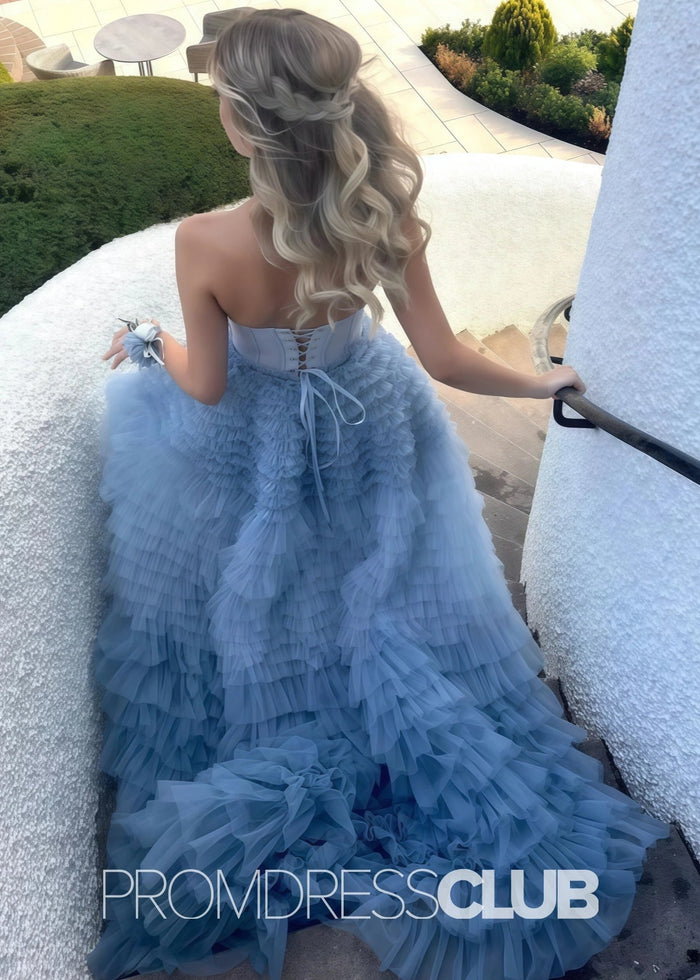 Sigrid |Grey Tulle Long Prom Dresses With A Line Sweetheart Tiered Ruffled - Price #price_variant_lowest# - Grey - PromDressClub