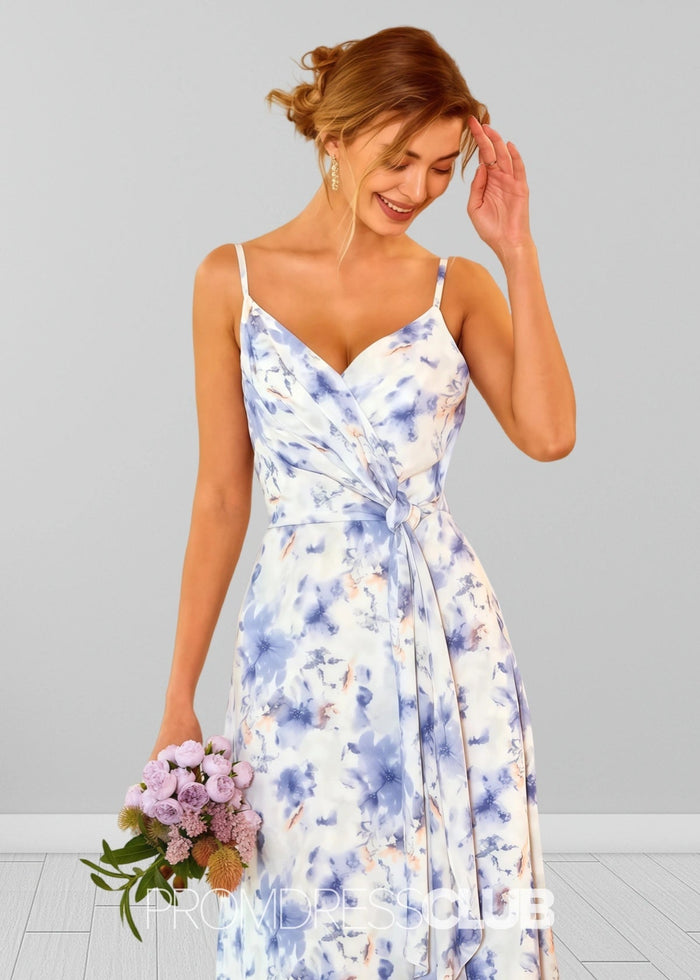 Sigrid | White Blue Floral Print Spaghetti Straps Chiffon Long Bridesmaid Dress - Price #price_variant_lowest# - Blue Floral - PromDressClub