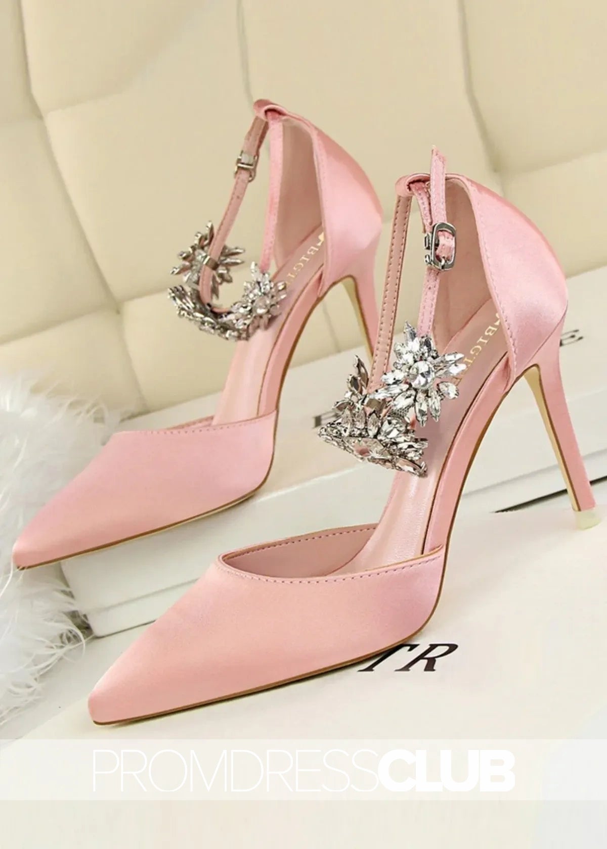 Silver Prom Heels with Ankle Strap Crystals - Pink - US4 - PromDressClub