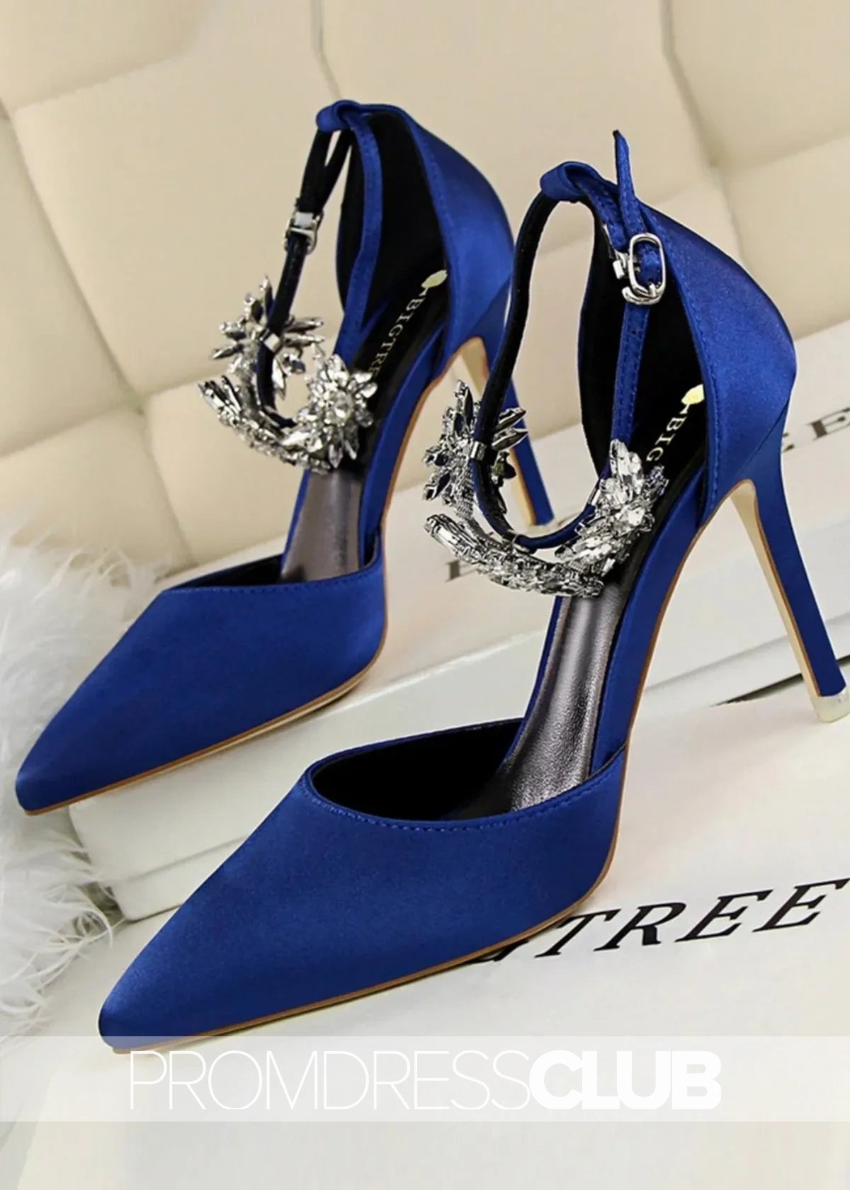 Silver Prom Heels with Ankle Strap Crystals - Royal Blue - US4 - PromDressClub