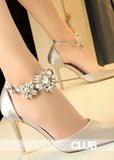 Silver Prom Heels with Ankle Strap Crystals - Silver - US4 - PromDressClub