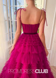 Simona |Fuchsia Tulle Long Formal Dresses With A Line Strapless Tiered Ruffled - Fuchsia - PromDressClub