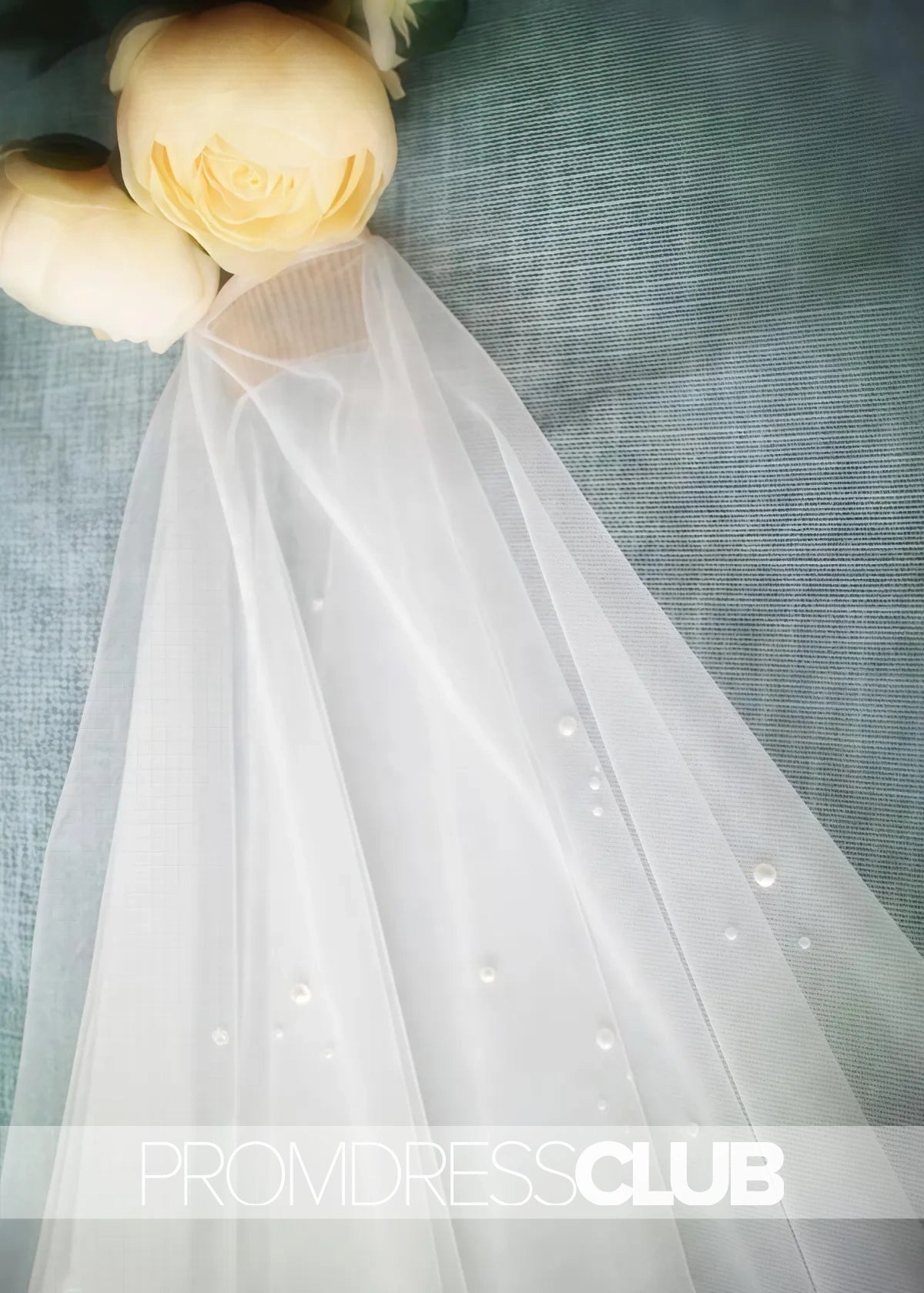 Simple Ivory Tulle Wedding Veil With Waist Length Pearls - Ivory - PromDressClub