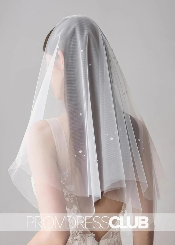 Simple Ivory Tulle Wedding Veil With Waist Length Pearls - Price #price_variant_lowest# - Ivory - PromDressClub