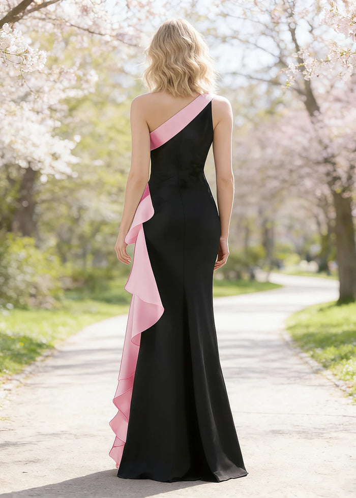 Soren Black and Pink Prom Dresses with One Shoulder | Sheath Ruffle 3D Flower Black Tie Wedding Guest Dress - Pink - PromDressClub