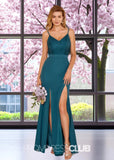 Spring | A Line Lace Embroider Ink Blue Chiffon Long Bridesmaid Dress with Slit - Ink Blue - PROMDRESS Club