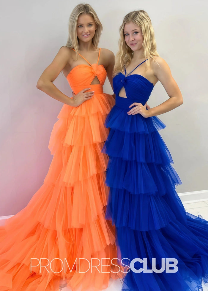 Spring |Blue Tulle Print Long Prom Dresses With A Line Halter Keyhole Ruffle Tiered - Price #price_variant_lowest# - Orange - PromDressClub