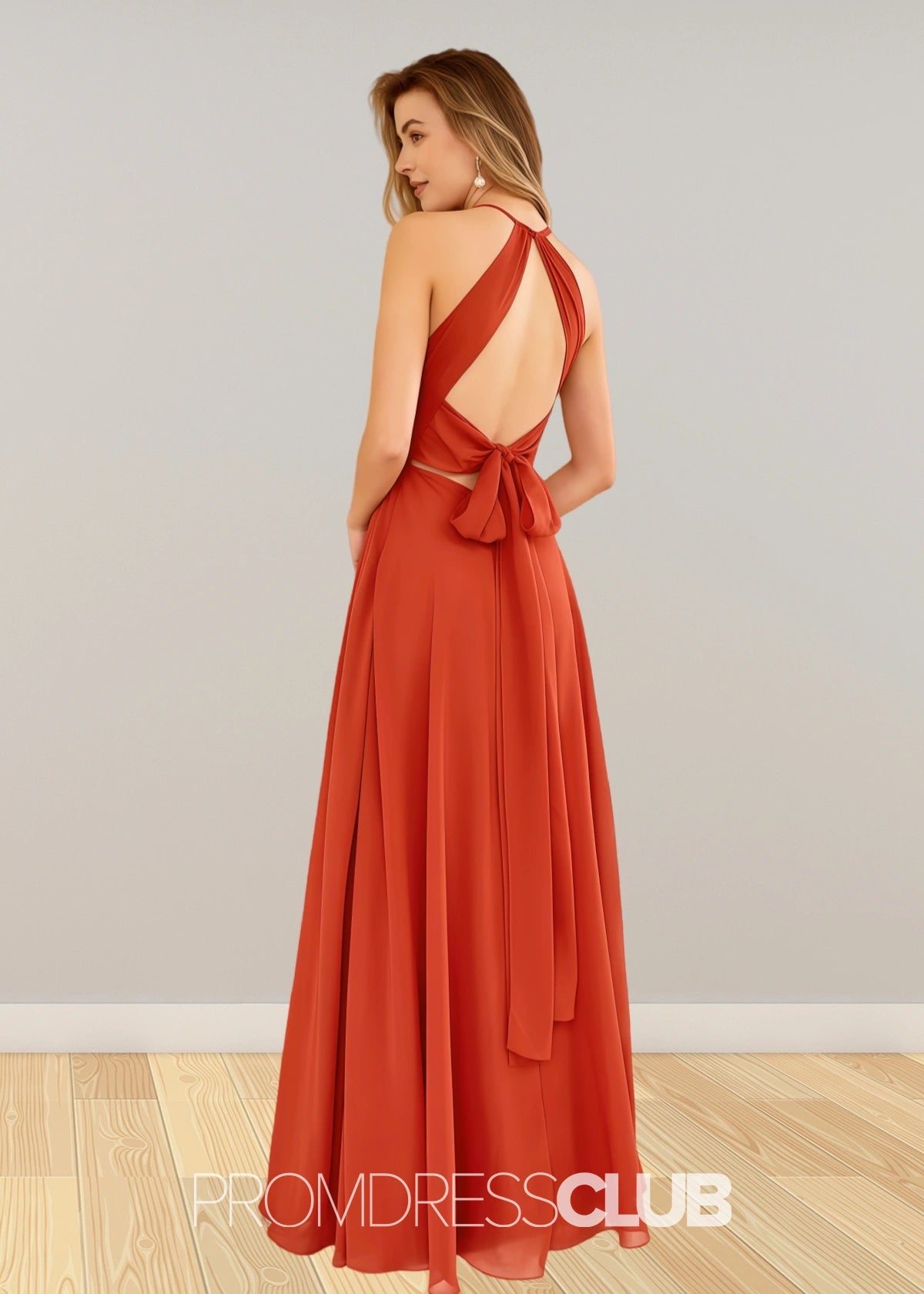 Stacey | Rust Brown A Line Chiffon Maxi Bridesmaid Dress with Slit - Rust - PROMDRESS Club