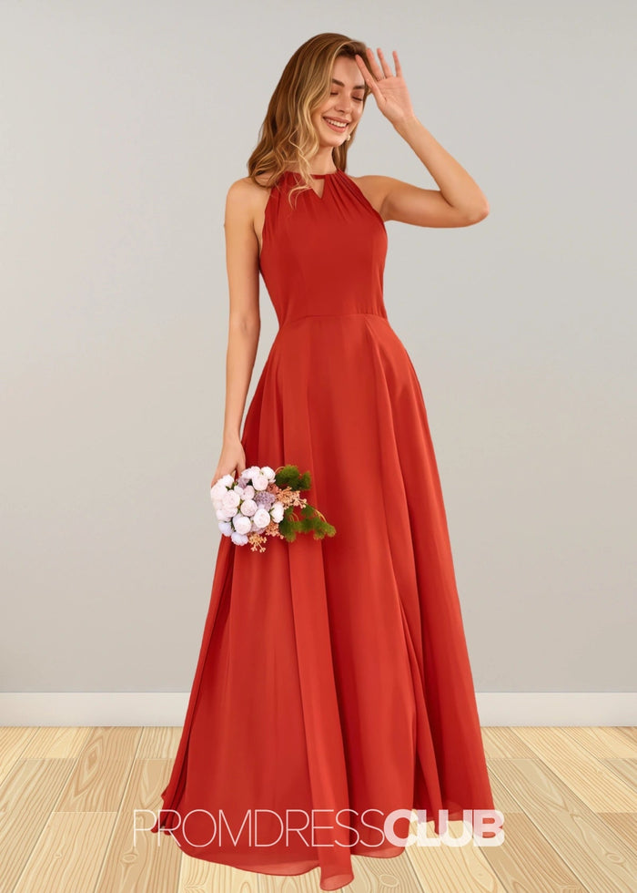 Stacey | Rust Brown A Line Chiffon Maxi Bridesmaid Dress with Slit - Price #price_variant_lowest# - Rust - PromDressClub