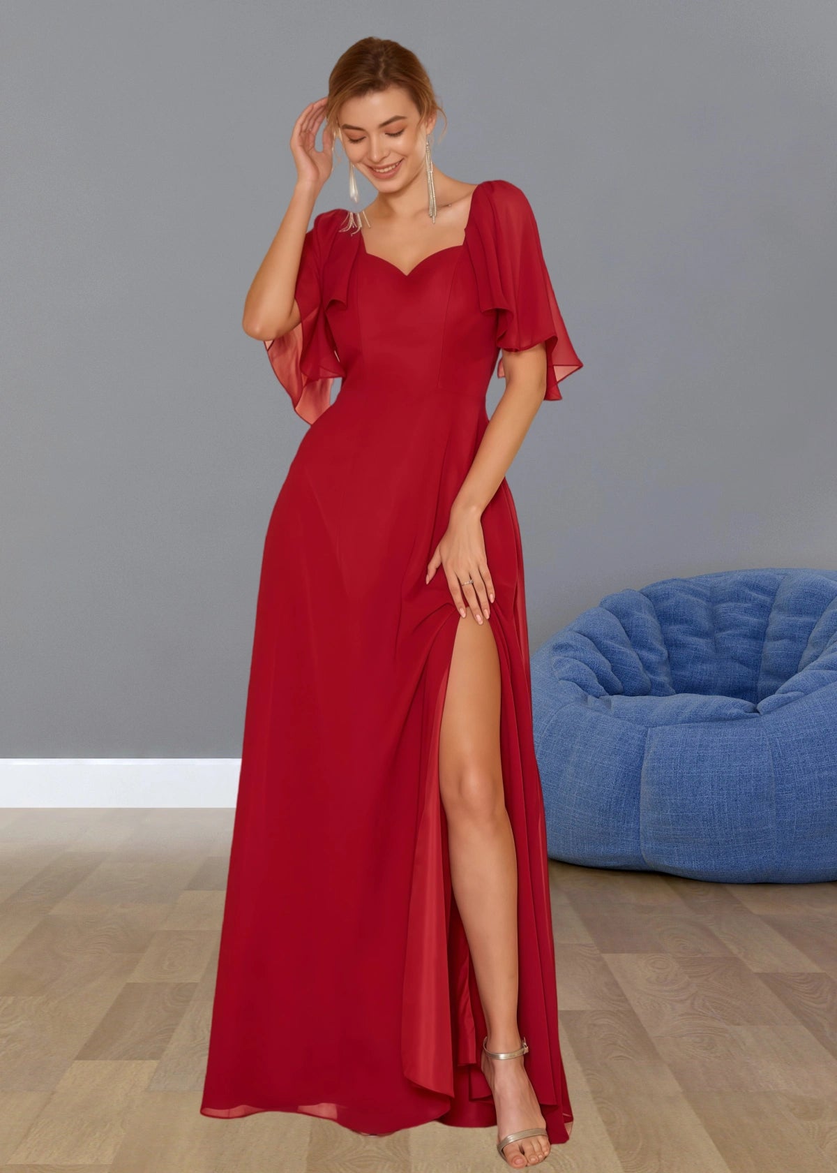 Stephanie | Boho A Line Ruffles Short Sleeve Burgundy Chiffon Long Bridesmaid Dress with Slit - Burgundy - PROMDRESS Club