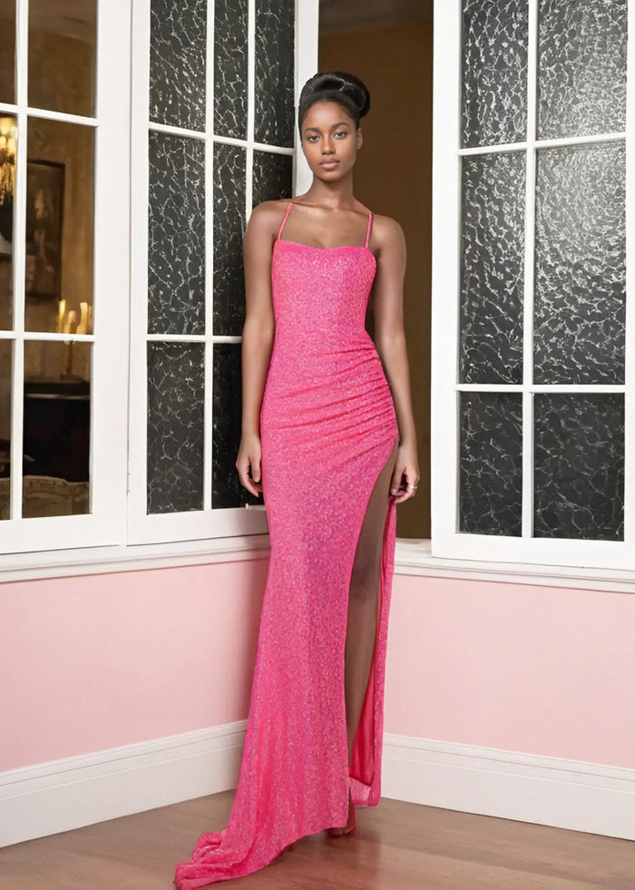Jocelyn | Hot Pink Mermaid Square Neck Prom Dress with Train and Slit - Hot Pink - PromDressClub