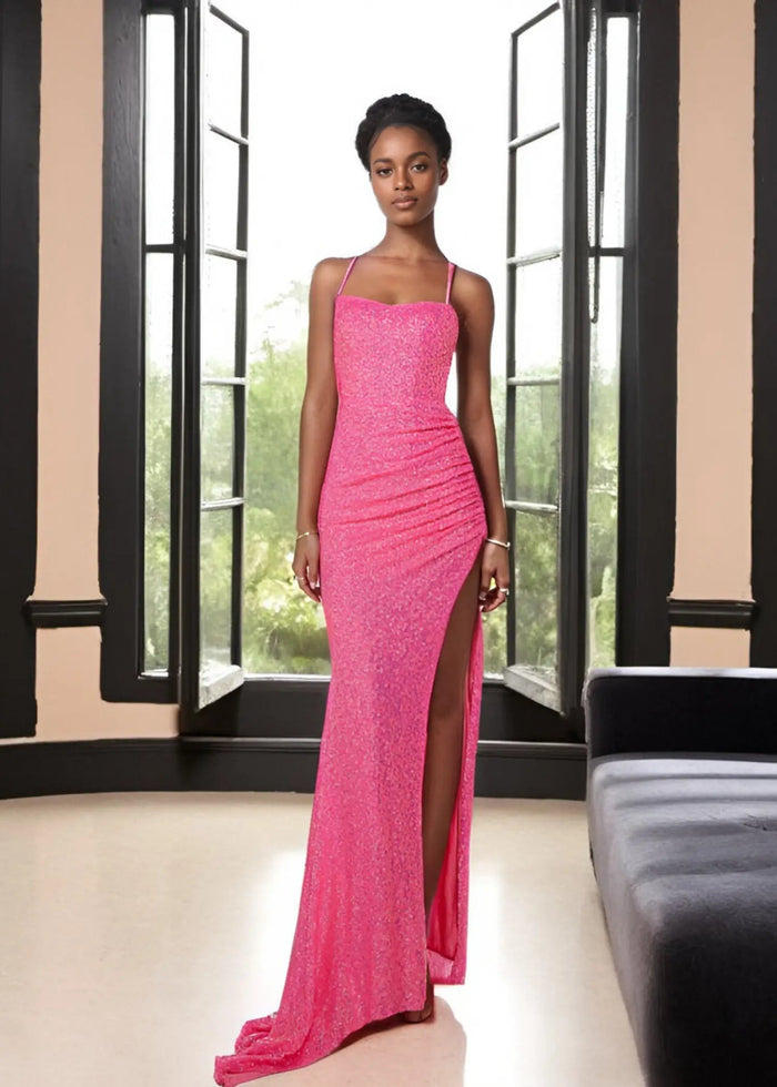 Jocelyn | Hot Pink Mermaid Square Neck Prom Dress with Train and Slit - Hot Pink - PromDressClub