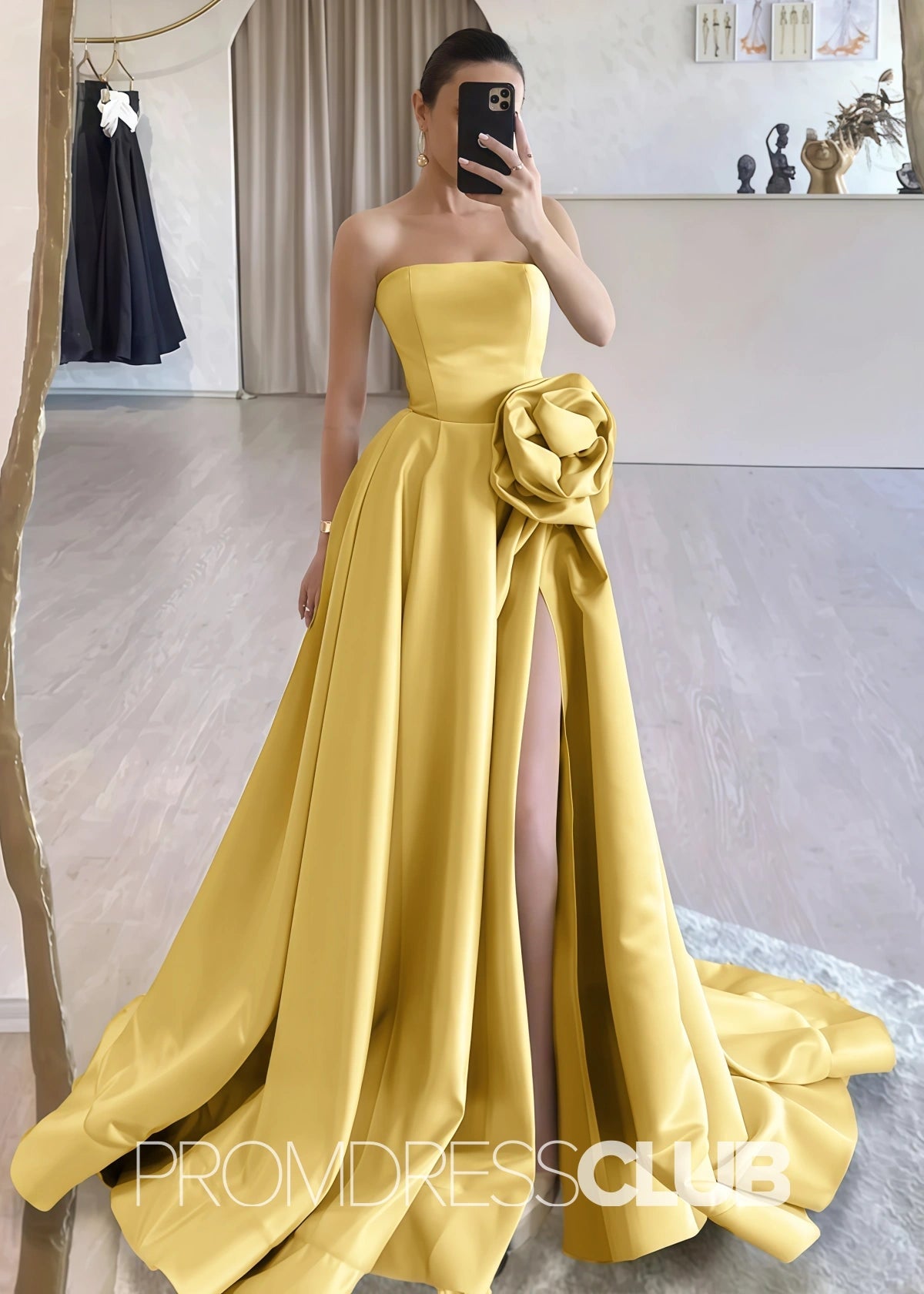 Strapless Long Black Prom Dress - Yellow - PROMDRESS Club