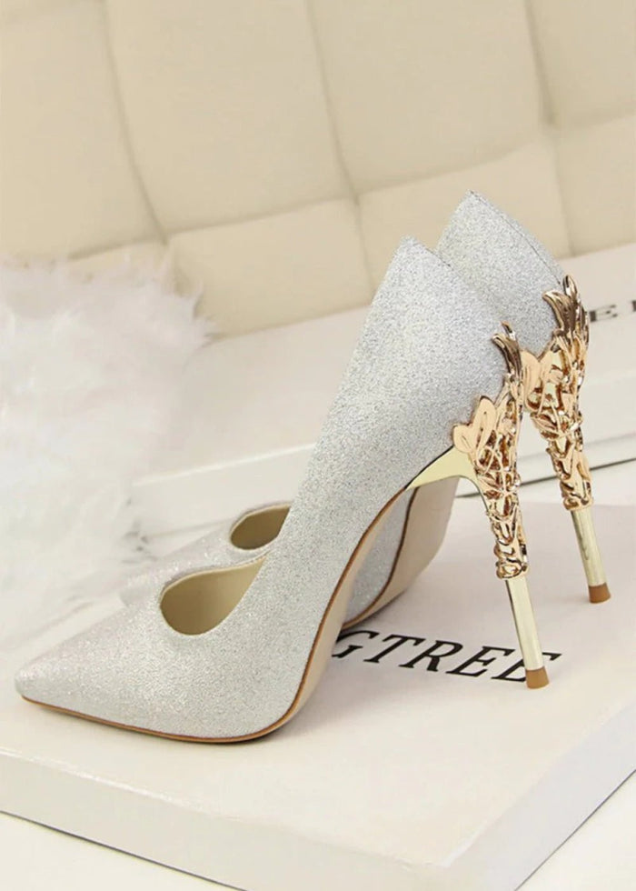 Stunning Burgundy and Red Pointed Toe Stiletto Heels - Elevate Your Style with Metal - Detailed Elegance - Silver - PromDressClub